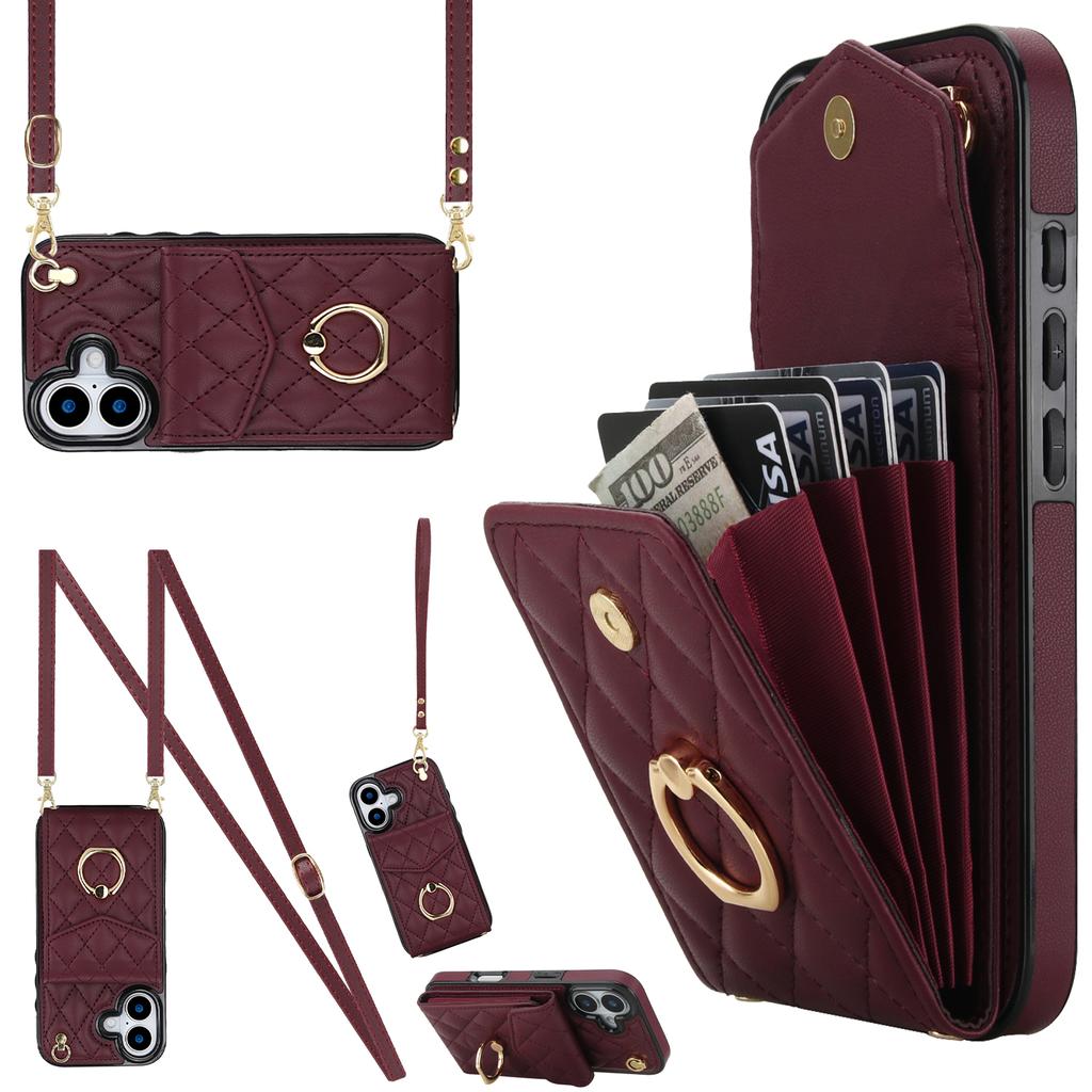 For iPhone 17 Case RFID Blocking Card Bag Leather + TPU Crossbody Phone Cover with Ring Kickstand