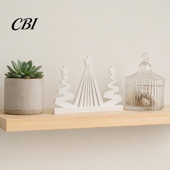Holiday Desk Ornament 3D Printed Abstract Christmas Tree Figurine, Modern Minimalist Xmas Pure White with Star Topper for Home, Office, Party