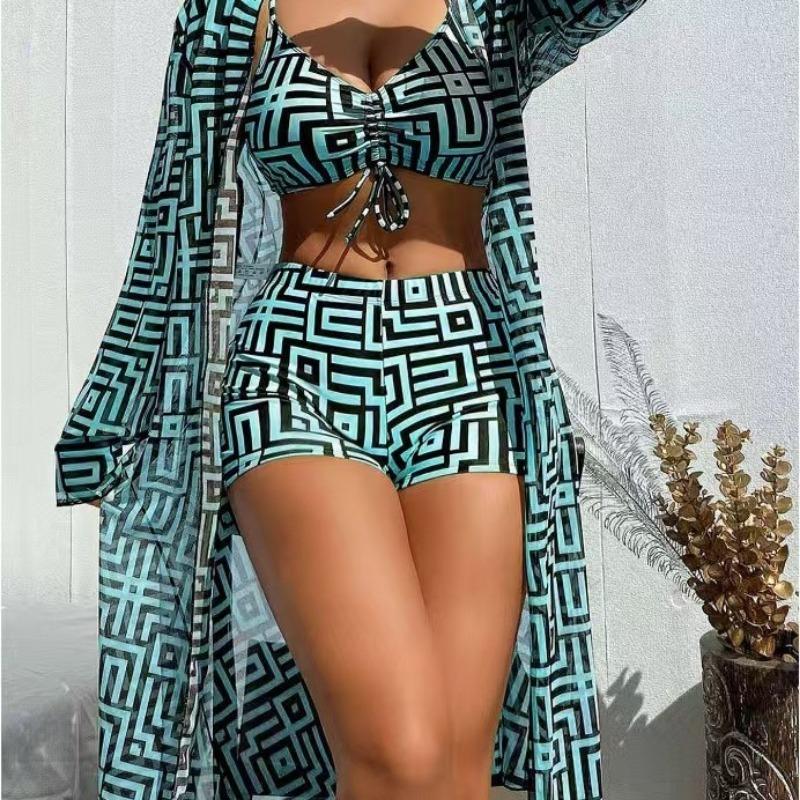 New European and American Women's Split Swimsuit Blouse Three-piece Gather Beach High-waisted Bikini