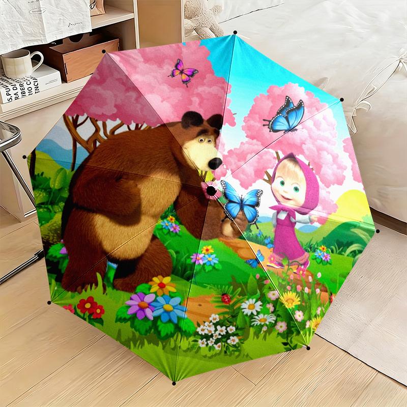 Cartoon Russian Animation Fairy Tale Masha and the Bear Cartoon Umbrella, a Must-have for Home and Outdoor Travel, Foldable Wrought Iron Umbrella W3