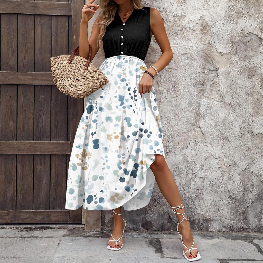 Women's Casual And Fashionable V-neck  Sleeveless Printing Mid Length Dress