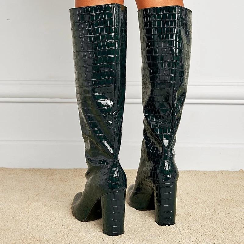 New Fashion Women's Boots Solid Color Snake Pattern Women Knee-High Boots Pointed Toe Winter Ladies Long Booties Handmade Shoes