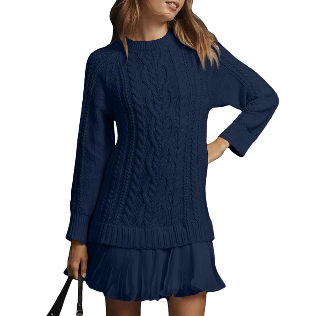 Women's Solid Round Neck Dough Twists Knitting Chiffon Splicing Sweet Temperament Dress