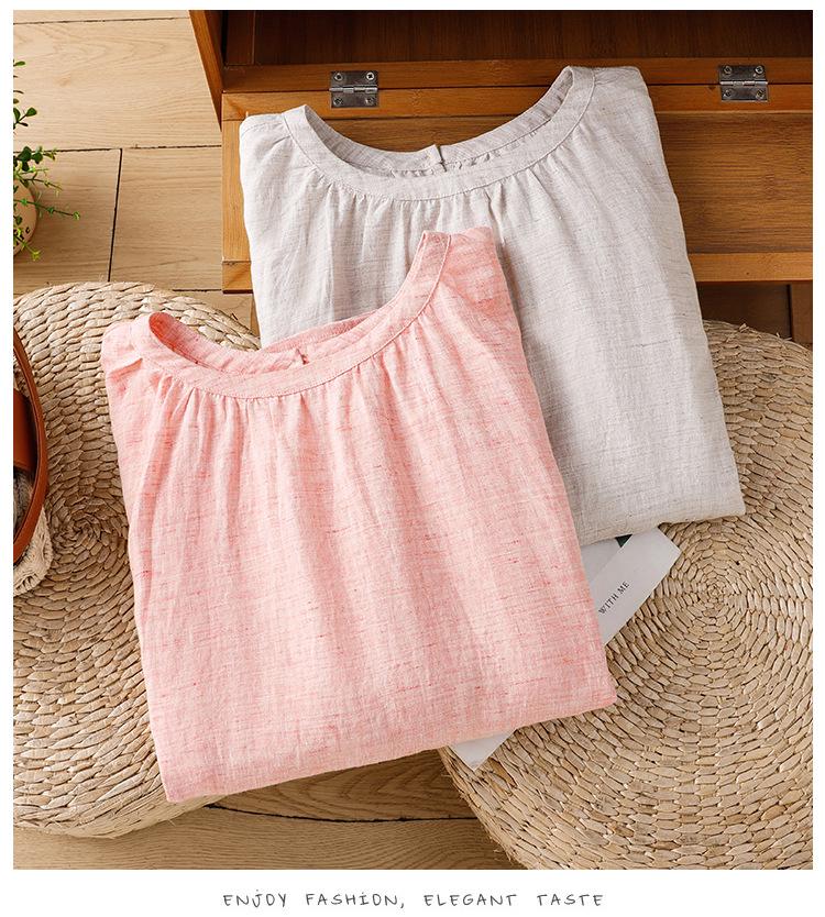 Women's Summer 2026 Imitation Han Linen Short-Sleeve T-Shirt - Artistic Solid Color Design