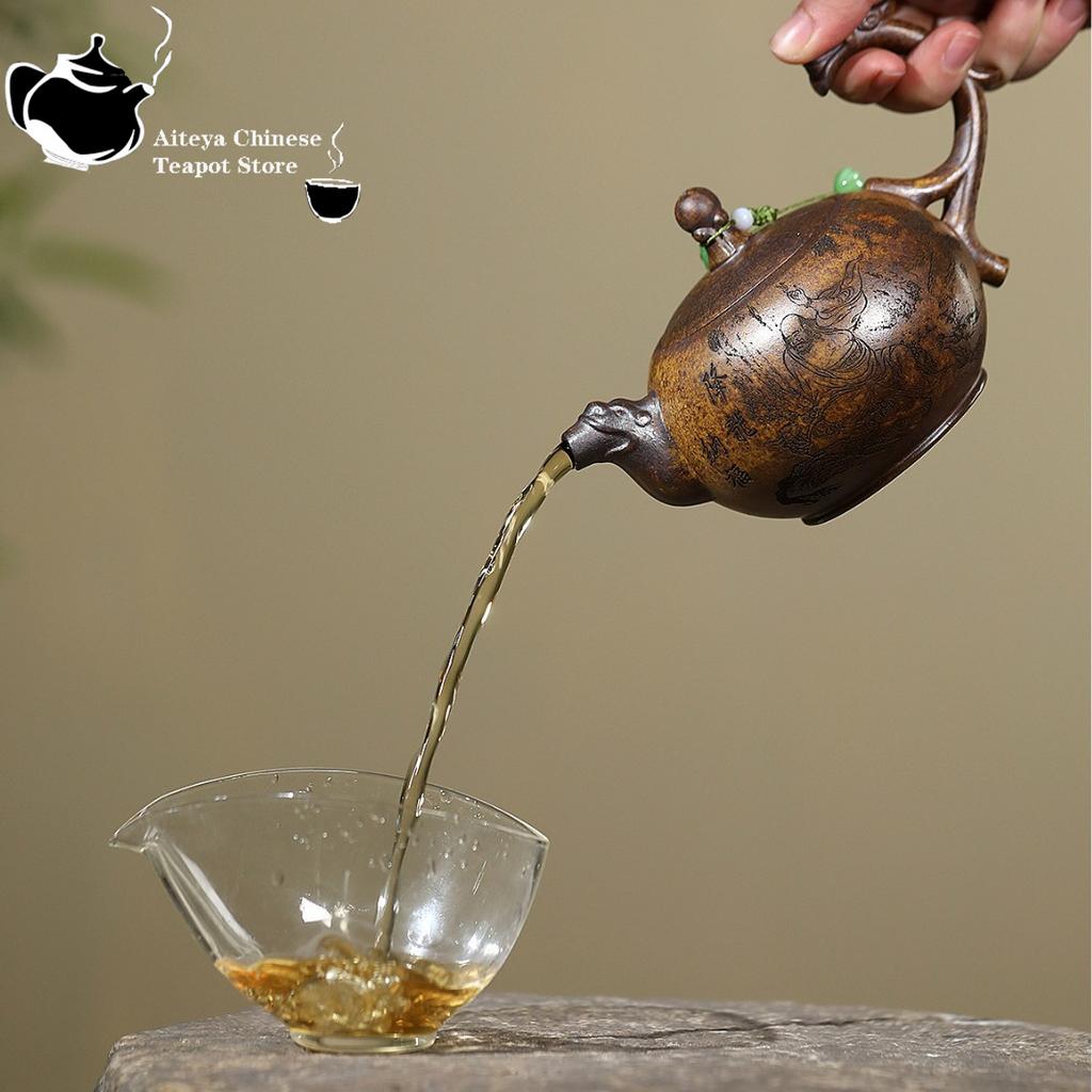 Yixing Purple Clay Pot Raw Mine Keel Gold Sand Firewood Arhat Handle Teapot Kung Fu Chinese Tea Set