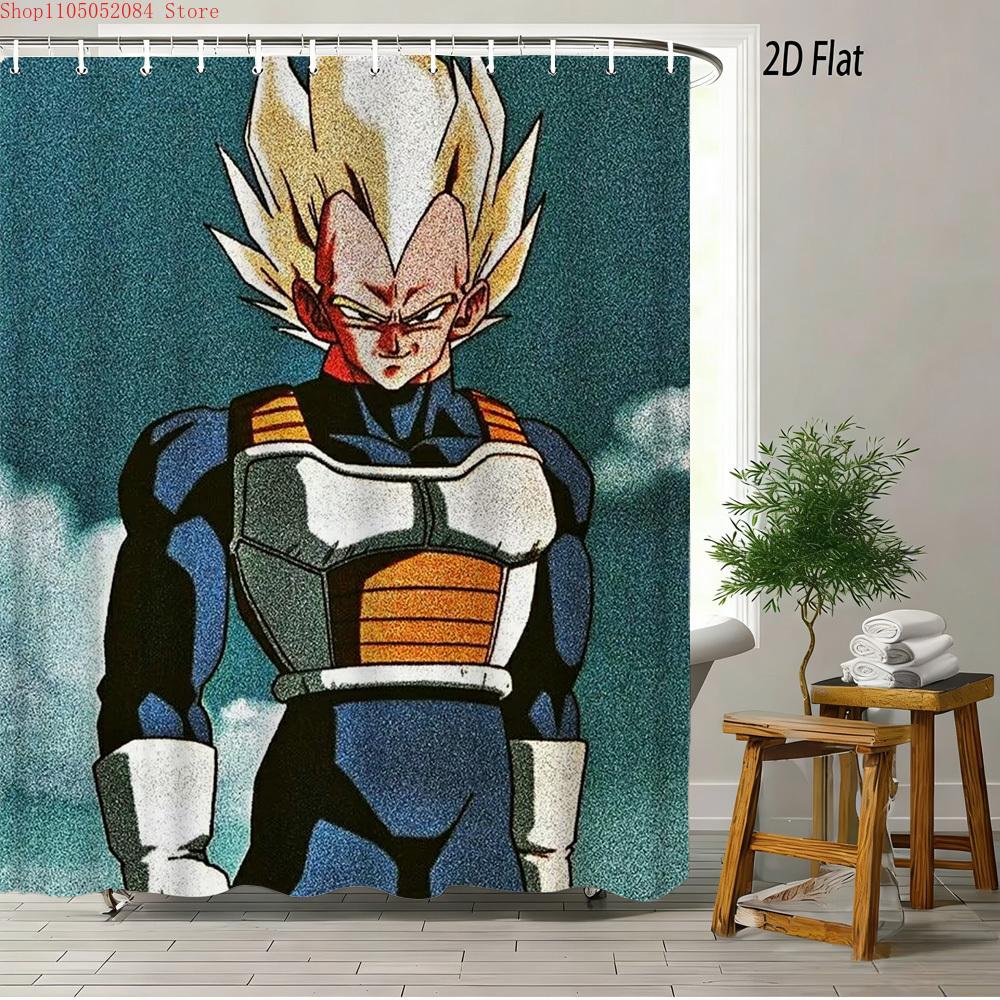 Dragon Ball Z Vegeta Super Saiyan Rüstung Szene 2D Druck Wasserdichter Duschvorhang, Retro Körniger Türkisblauer Himmel Hintergrund mit Ikonischem S