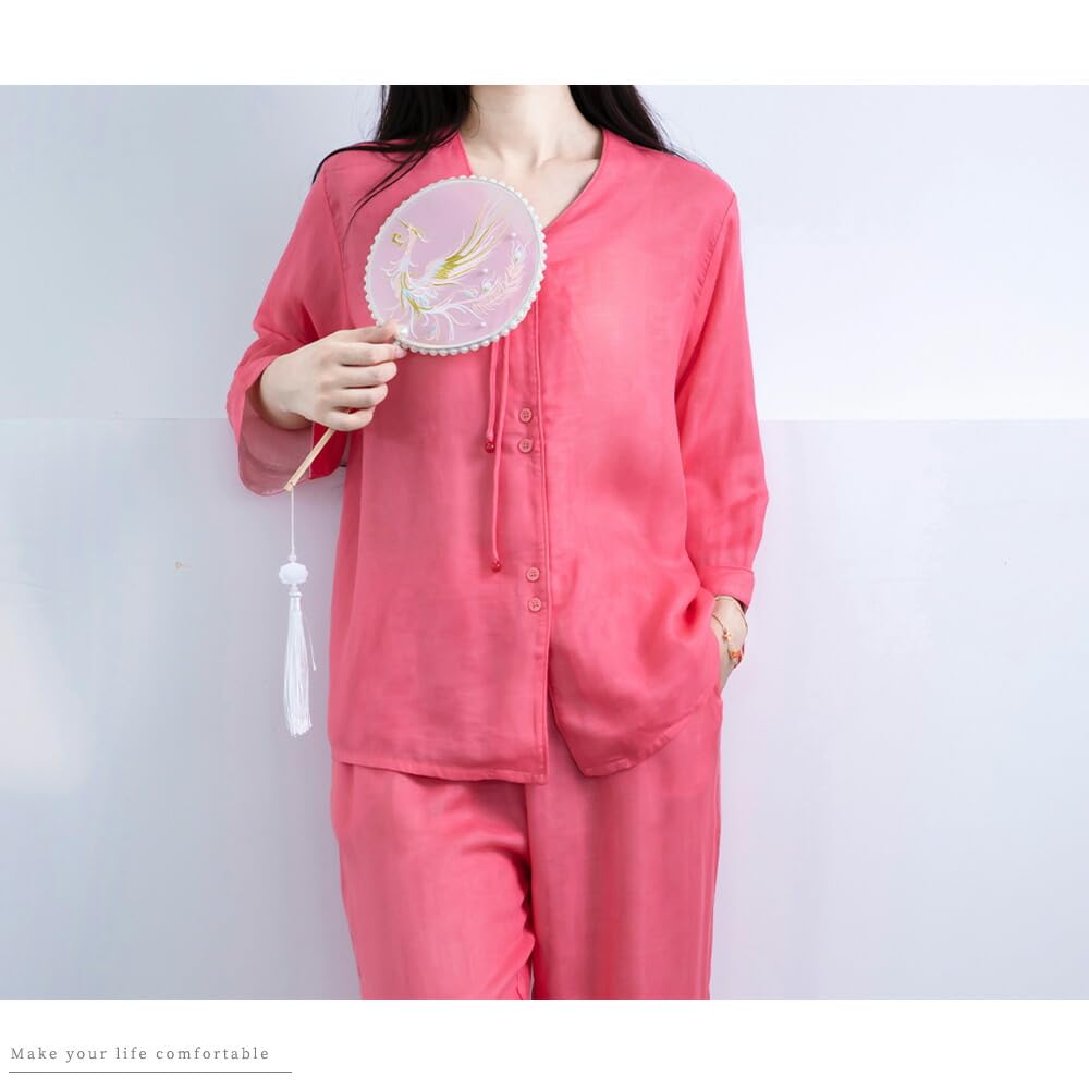 Yes Family Tencel Summer Open Size Red Women's 100% Double-Layered Pajamas, 3/4 Sleeves, Sleepwear, Front, Roomwear, L,