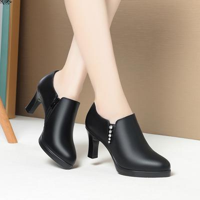 Fashion Soft Leather High Heel Waterproof Platform Elegant Deep Mouth Women's Single Shoes Women's Fashionable Catwalk Leather Shoes
