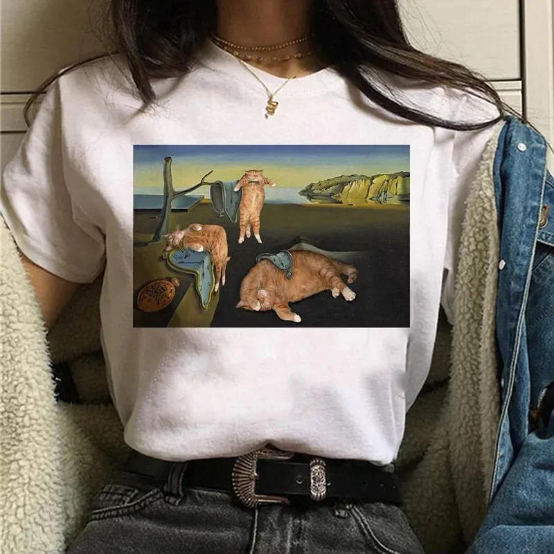 T-shirts Women Cat Oil Painting Printed Funny Graphic Tee Shirt Summer Short Sleeve Casual White Tops Harajuku Clothing