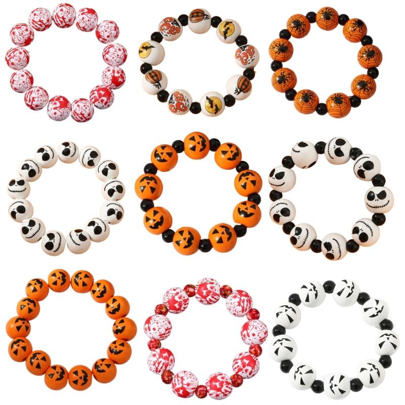 Skull Pumpkin Spiders Bead Bangle Simple Halloween Beaded Bracelet Wristband Adjustable Elastic Bangle Statement Jewelry