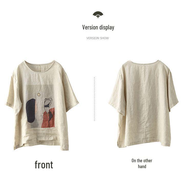 Women's Retro Print Cotton Linen Top - Short Sleeve, Loose Fit Pullover