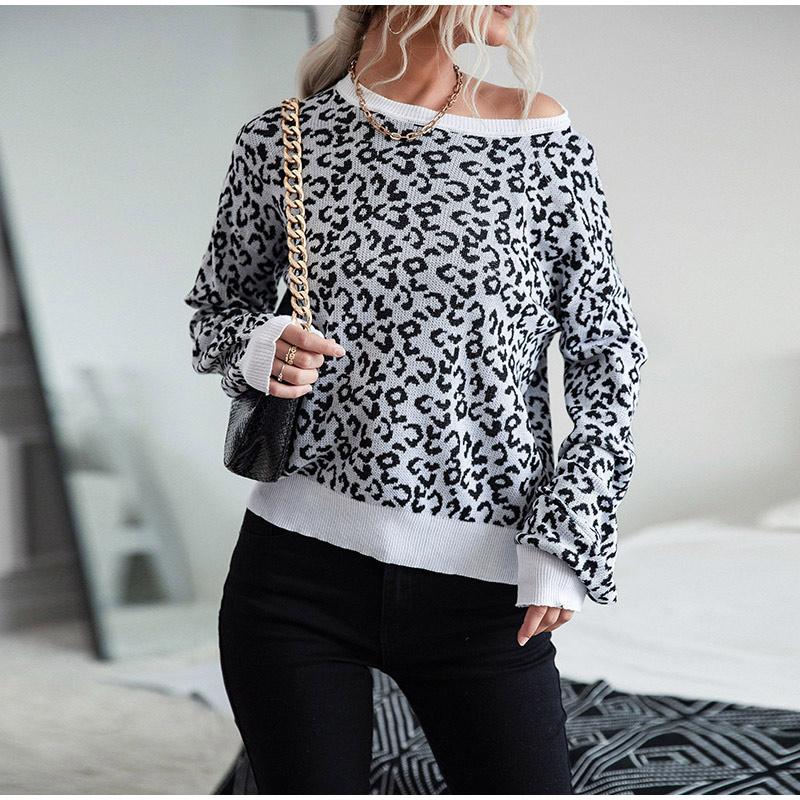Pull à col rond pour femme Court Imprimé léopard Tricoté Haut à la mode et décontracté Pull Jumper Chemise de fond Automne et Hiver