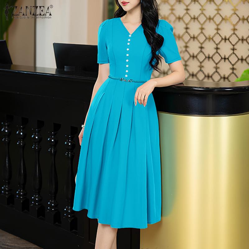 

ZANZEA Women Casual V-Neck Short Sleeve Midi Dress 4XL синий