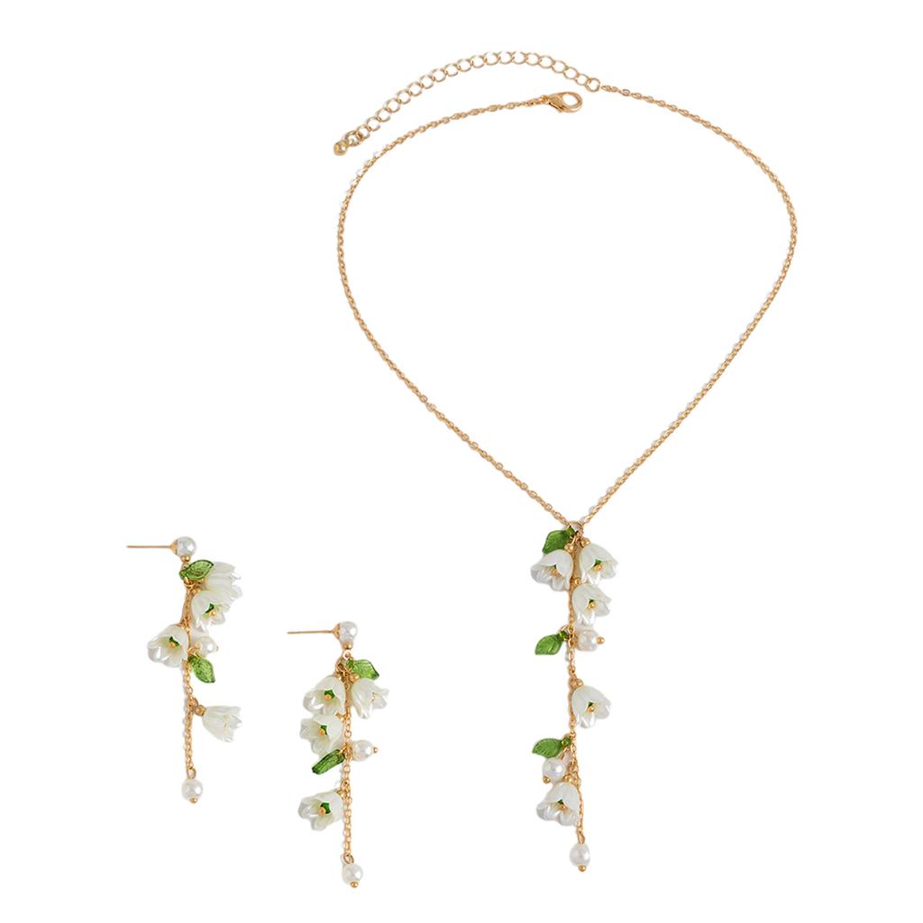 Náušnice se zelenými listy a bílými tulipány, perlové střapce, elegantní květinový design, šperky z slitiny, textura pro dámy