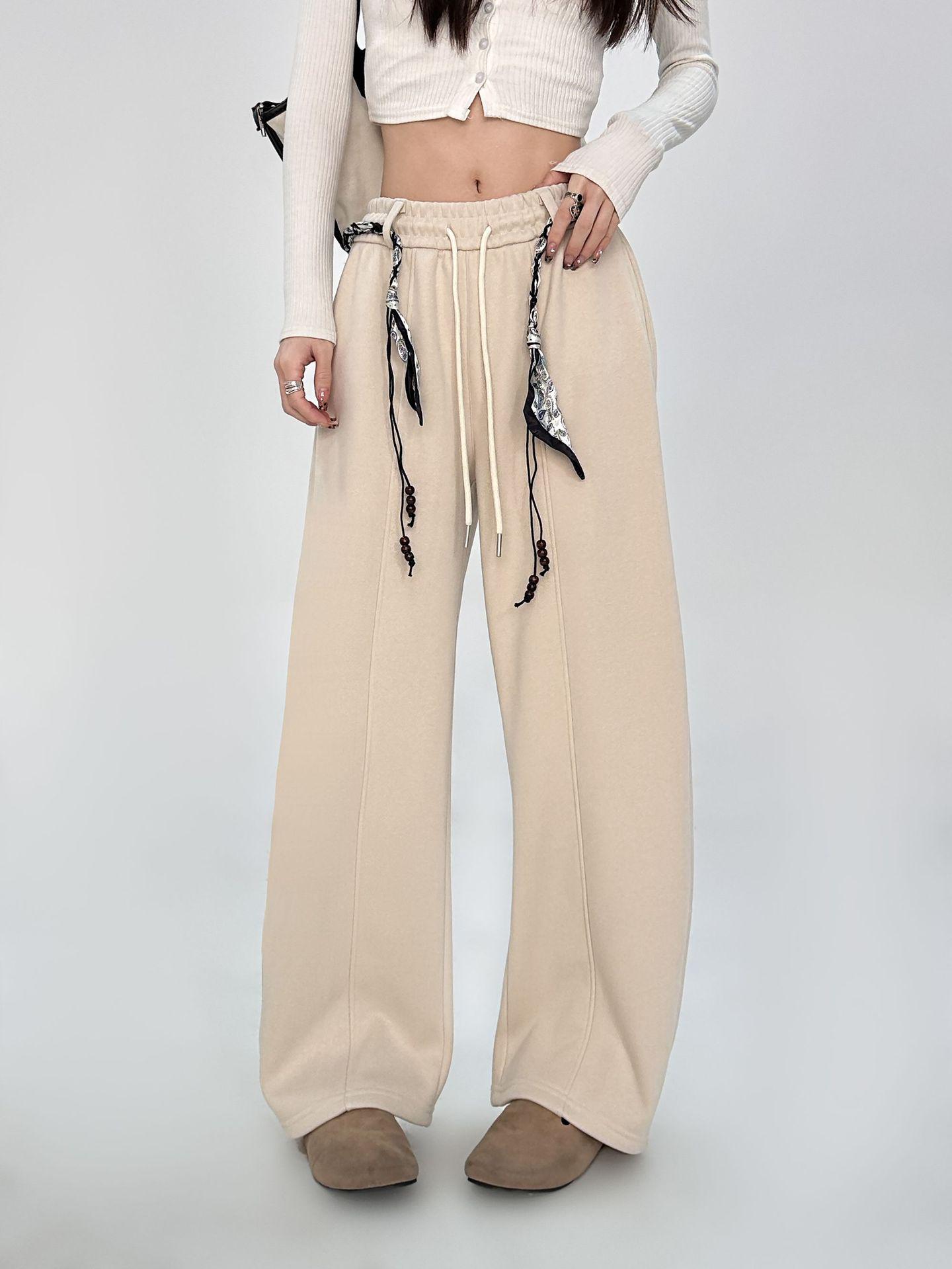 

2025 Fashion Women s Wide-Leg Fleece Sweatpants with Two-Color Waist Drawstring M for height (160-165cm) абрикосовий