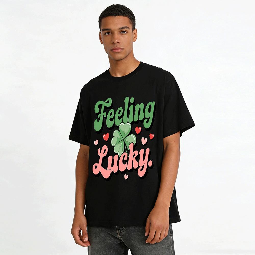 Feeling Lucky Clover Print Casual Tee Retro Lucky Vibe Top Pure Cotton T-shirt