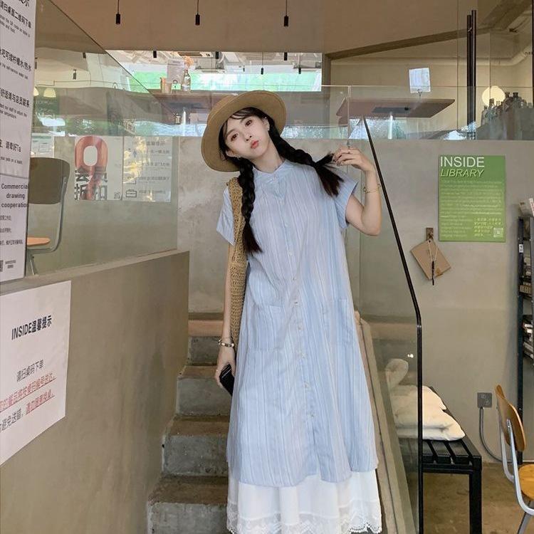 Women's Blue Striped Short-Sleeve Layered Shirt Dress – New 2026 Korean Style, Loose Mid-Length Two-Piece Summer Set.