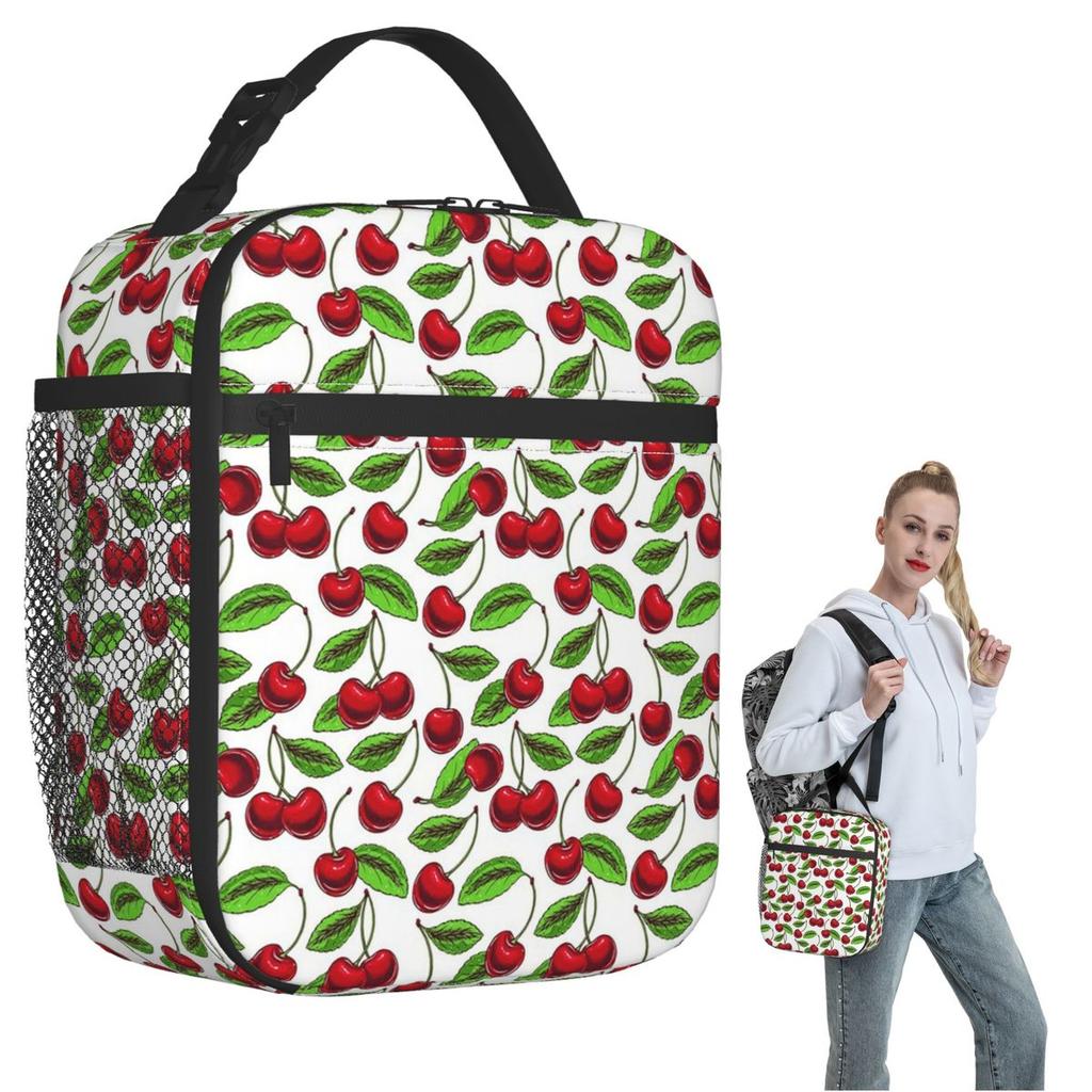 Cheerful Red Cherry Pattern Insulated Lunch Bag for Women Children Leakproof Food Boxes Thermal Lunch Box Tote