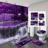 4pcs Purple Hot Spring Waterfall Shower Curtain Set Waterproof Fabric Bath Curtain with 12 Hooks Non Slip Rug U Shaped Mat Toilet Cover Bathroom Decor