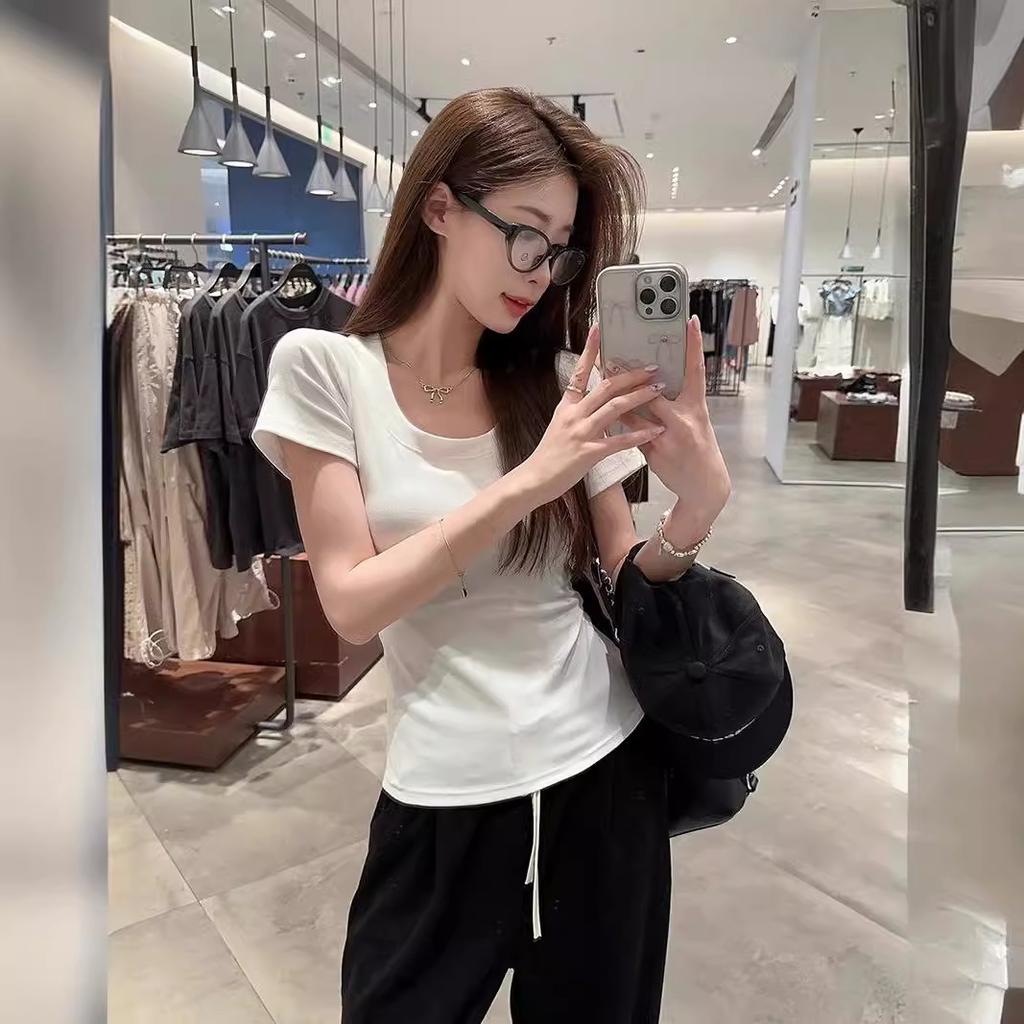 Basic solid color shoulder short-sleeved T-shirt women's summer sweet and hot girl U-neck waist pinch slim and thin cotton short top