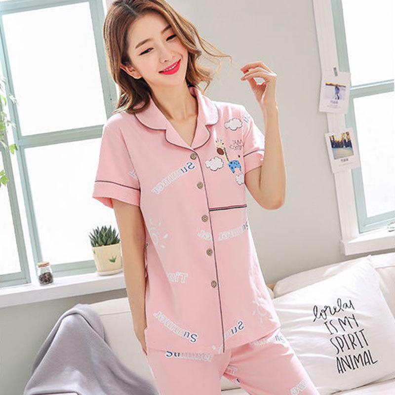 Pajamas Women'S Sweet And Cute Wind Cardigan Short-Sleeved Trousers Loose Large-Size Loungewear Suit Can Be Worn Outside