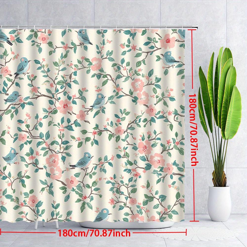 Vintage Style Light Blue Bird and Pink Flowers Shower Curtain - Modern Simple Polyester Fabric Bathroom Decor with Hooks