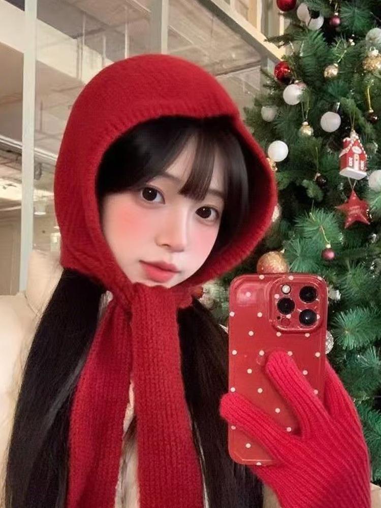Christmas Balaclava Caps Wool Winter Bonnet Beanies Knitted Hat Warm Thick Red Outdoor Korean Hooded Caps Luxury Christmas Gift