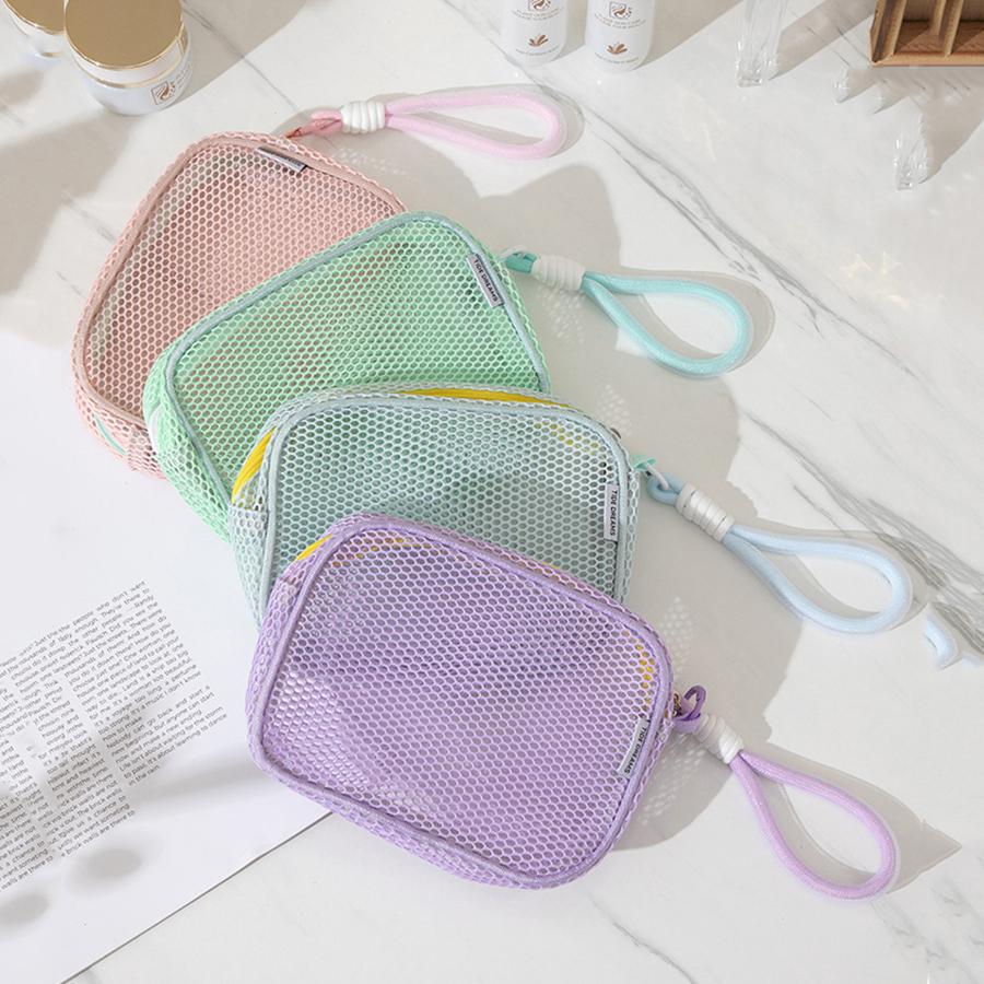 Portable Travel Makeup Bag Mini Grid Storage Bag Breathable Cosmetic Storage Pouch Compact Size Single Color