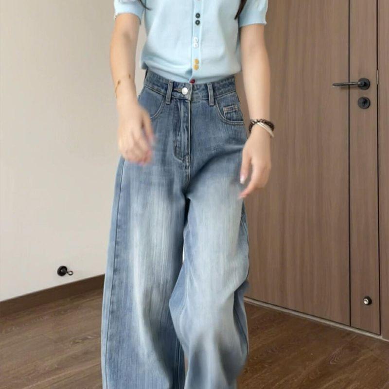 

Light Blue Wide-Leg Jeans for Women, 2026 New Summer Thin Style, Plus-Size Loose High-Waisted Straight Pants Light Blue-Regular S [Recommendation 40-45kg]