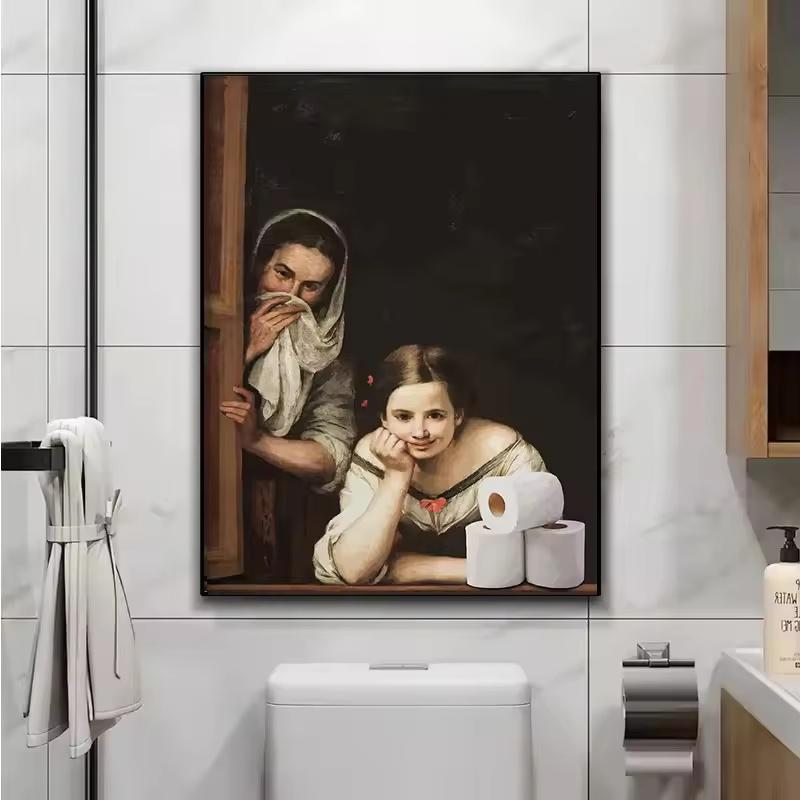 Funny Bathroom Toilet Canvas Painting Mona Lisa Wearing Pearls Girl with Roll Paper Canvas Poster and Prints Posters Home Decor