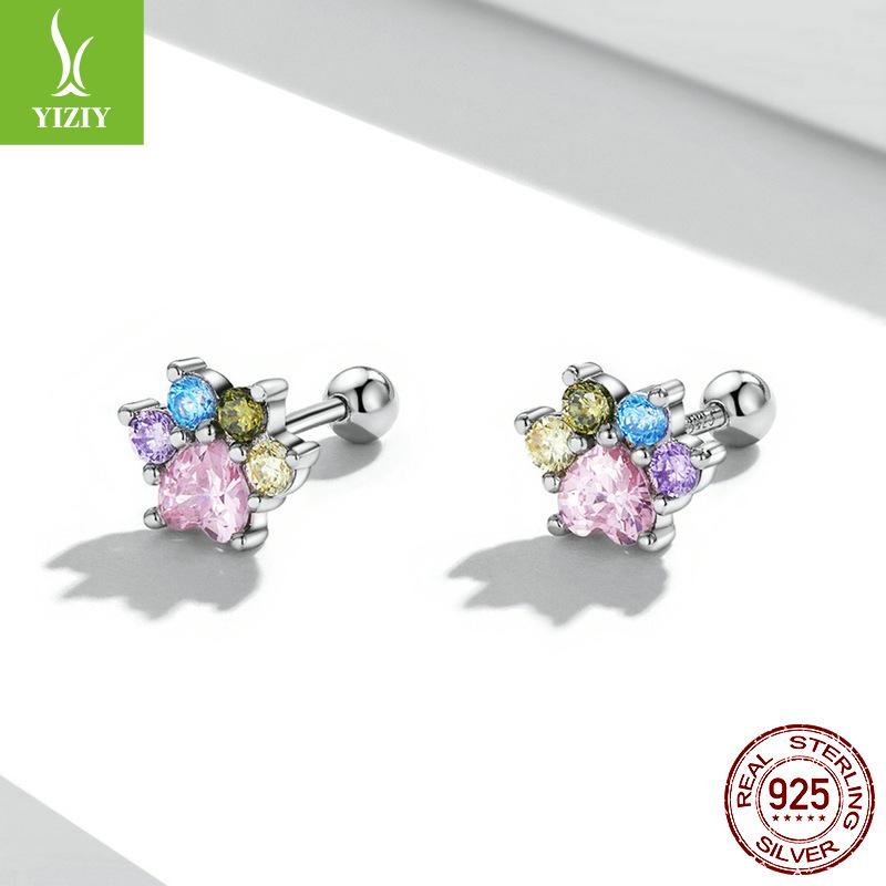 Color Zirconium Cute Paw Print Stud Earrings Sterling Silver Wind Niche High-End Earrings Sce1334