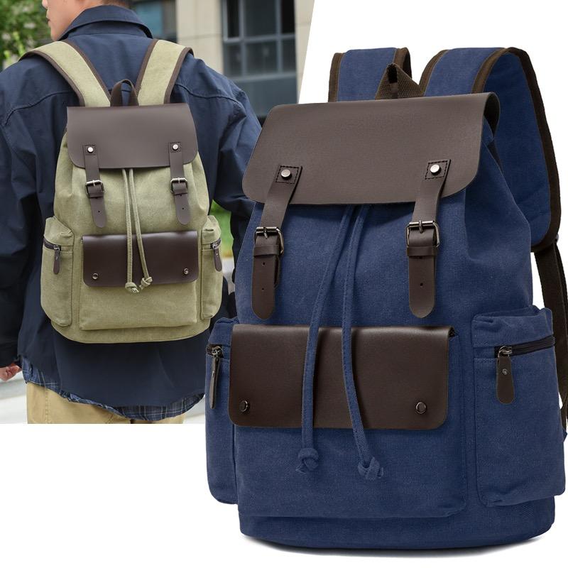Men's Canvas Backpack Laptop Bag College Student Commuter Travel Drawstring Backpack Flip Cover School Bag Retro Backpack Men