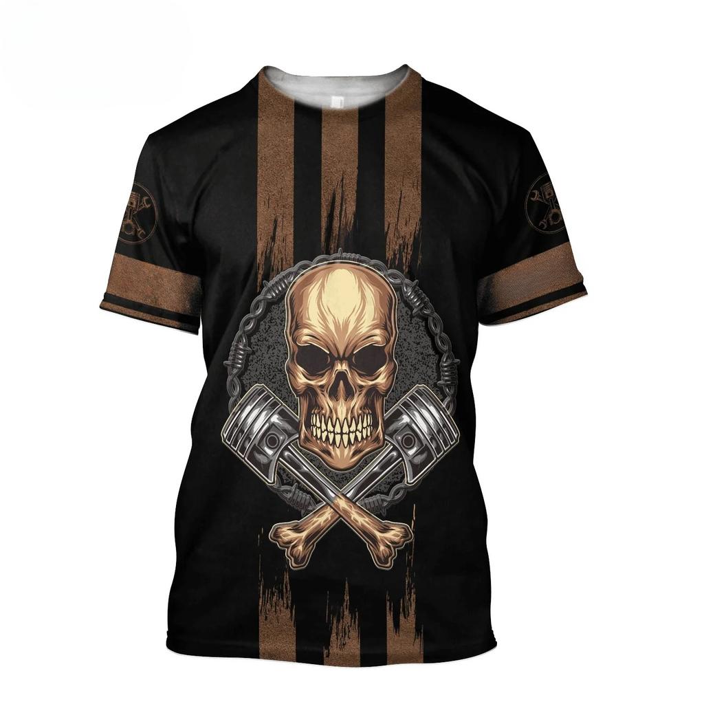 Letnie T-shirty męskie z okrągłym dekoltem, z nadrukiem 3D wzoru mechanicznej czaszki, modne, codzienne, z krótkim rękawem