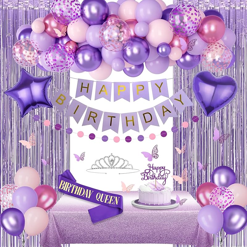 

Purple Birthday Decorations for Women Girls, Lavender Purple Silver Foil Balloons Table Cloth Sash Crown Fringe Curtains Happy Birthday Banner