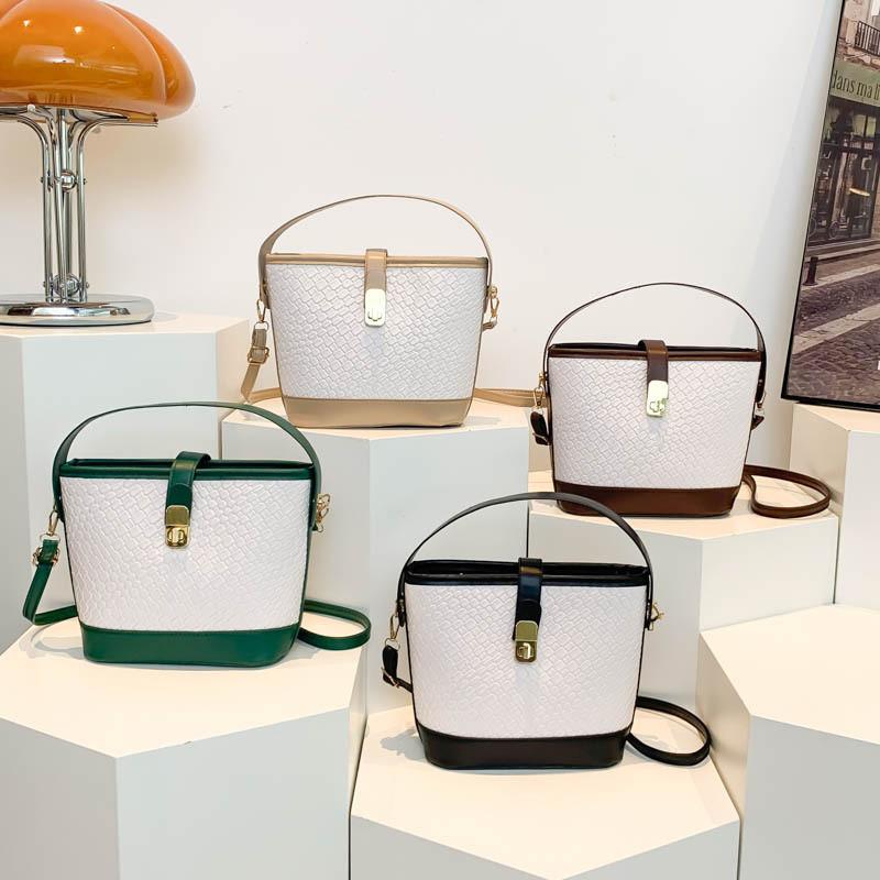 Stylish Minimalist Woven Pattern Bucket Bag For Women In Chic Black Green Brown And Khaki Colors