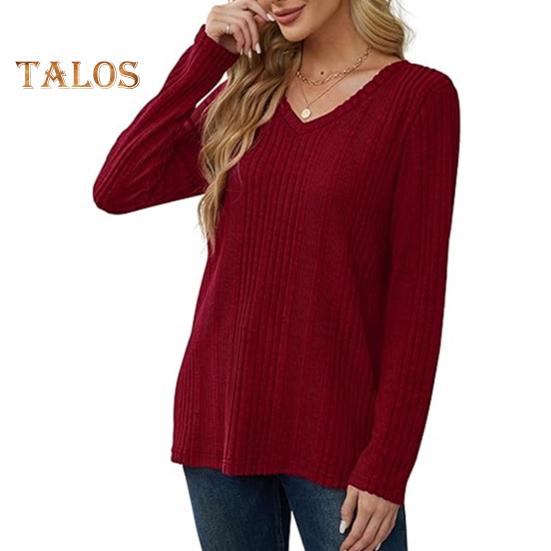 Women Tunic Sweater V-Neck Long Sleeve Solid Color Ribbed Casual Tops Slim Fit Knitted Loose Fit Fall Tops