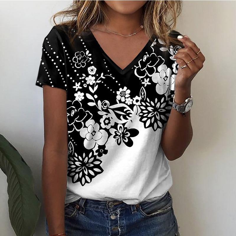 

Summer women s short sleeved V-neck printed T-shirt L