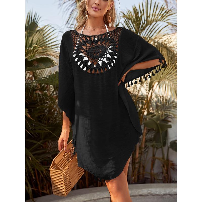 New Fashion Lace Beach Dress Sexy Women Irregular Cover Up Hollow Loose Seaside Dress Large Size Tassel Bikini Style Casual Summer Solid Clothing