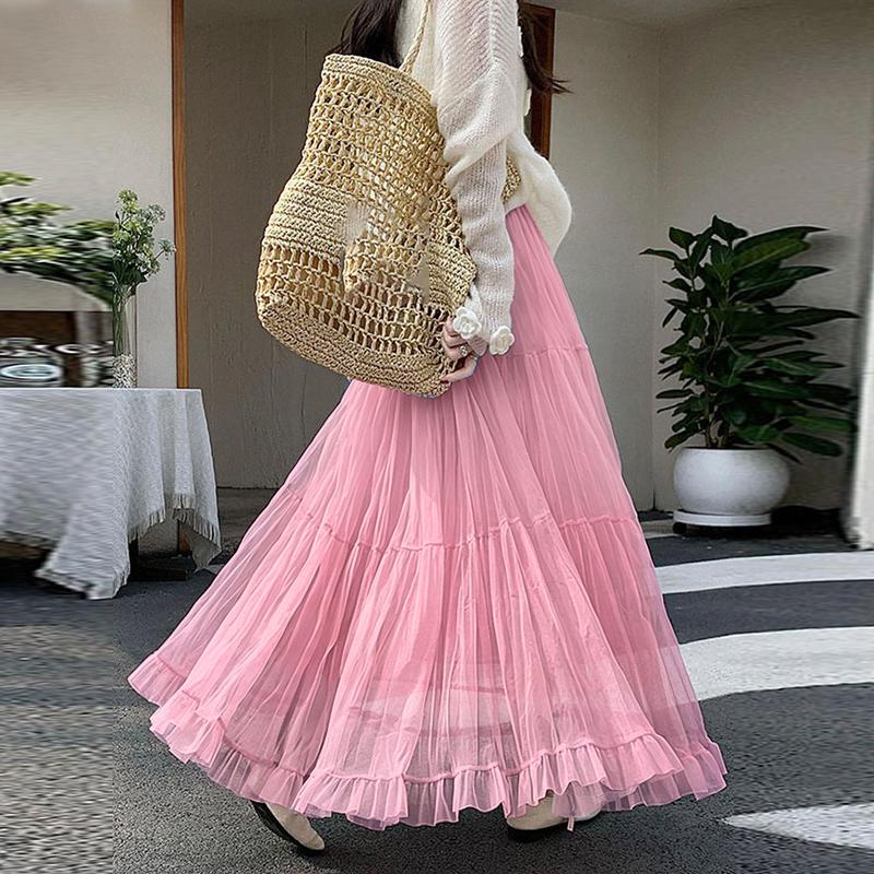 

ZANZEA Women Casual Elastic Waist Loose Mesh Splice Tulle Skirt 2XL рожевий