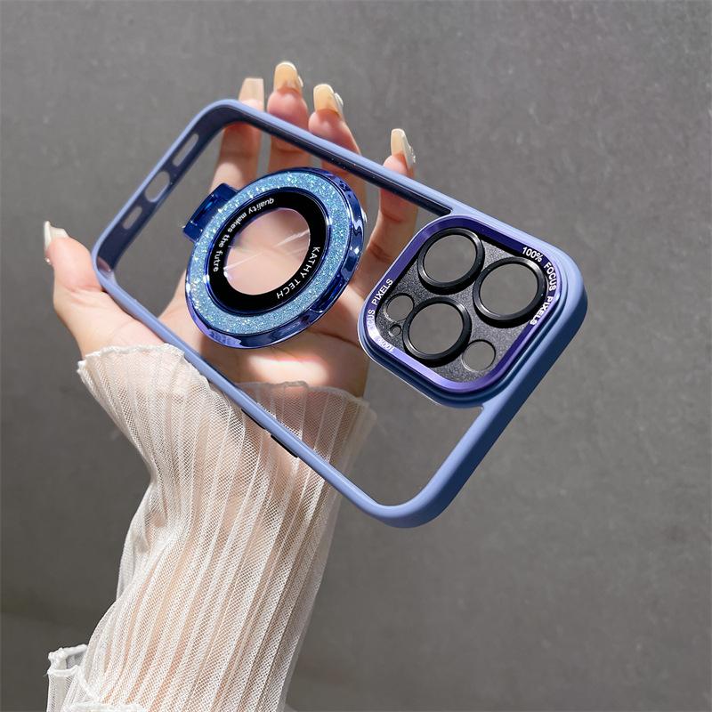 Metal Lens Is Suitable for Apple 16 Mobile Phone Case, Transparent IPhone15 Glitter Magnetic Suction Bracket 14promax Hard Case.