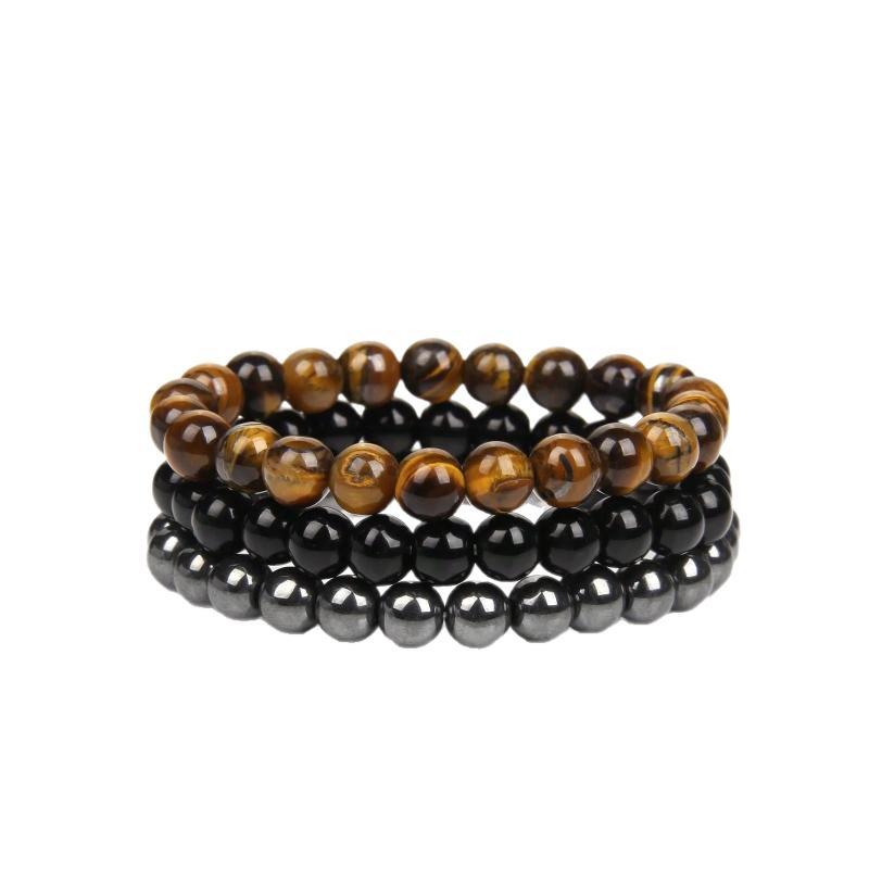 3 Pcs Set Bohemian Gemstone Bracelet Women Men Tiger Eye Black Obsidian Hematite Lucky Wealth Love Gift