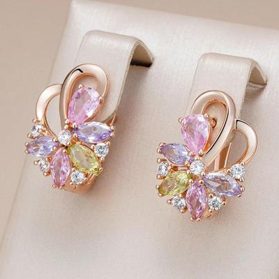 Geometric Cut Colorful Zircon Flower Drop Earrings for Women Ethnic Bridal Wedding Jewelry Luxury Earrings