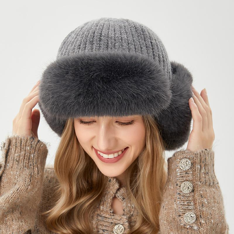 Lei Feng Hat Winter Women's Outdoor Riding Warm Hat Windproof and Cold Rabbit Fur Ear Hat