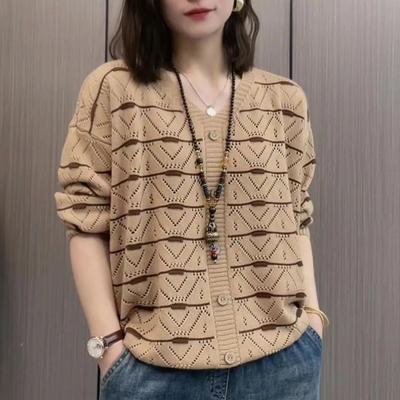 Women's Spring/Summer V-Neck Loose-Fit Pullover Lace-Detail Knit Sweater Ladies Design Lightweight Top