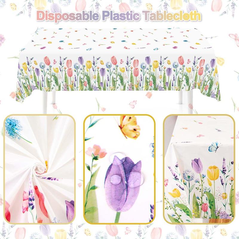 Spring Tulip Lavender Tablecloth, Disposable Seasonal Spring Summer Floral Butterfly Kitchen Dining Table Decoration for Home