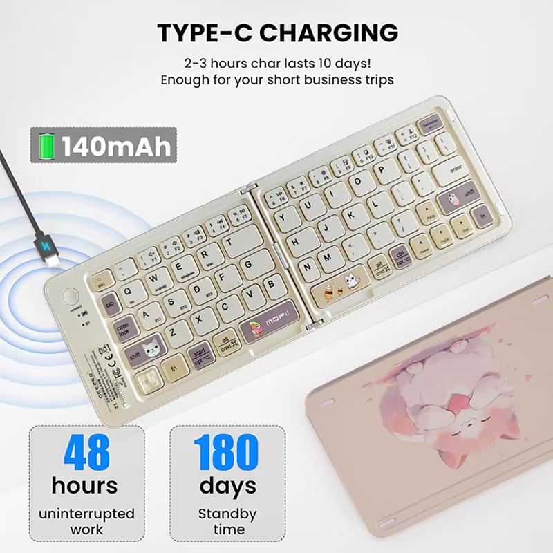 Three Bluetooth Wireless Folding Keyboard 67 Keys Cute Style Rechargeable Wireless Folding Keyboard for Windows/IOS/Android