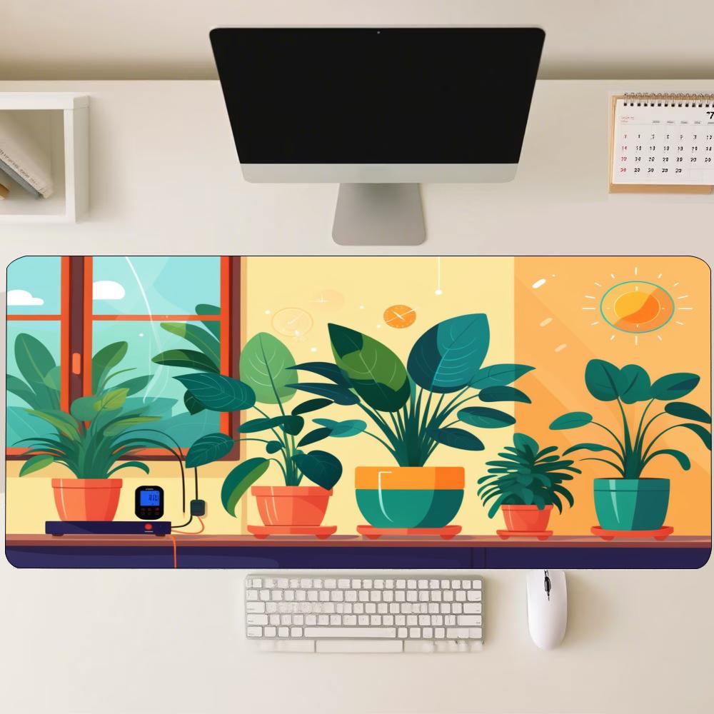 Boho Tropical Foliage Gaming Mousepad Colorful Potted Flora Deskmat NonSlip Rubber Stitched Edge Pad For Home Pc Gaming Lovers