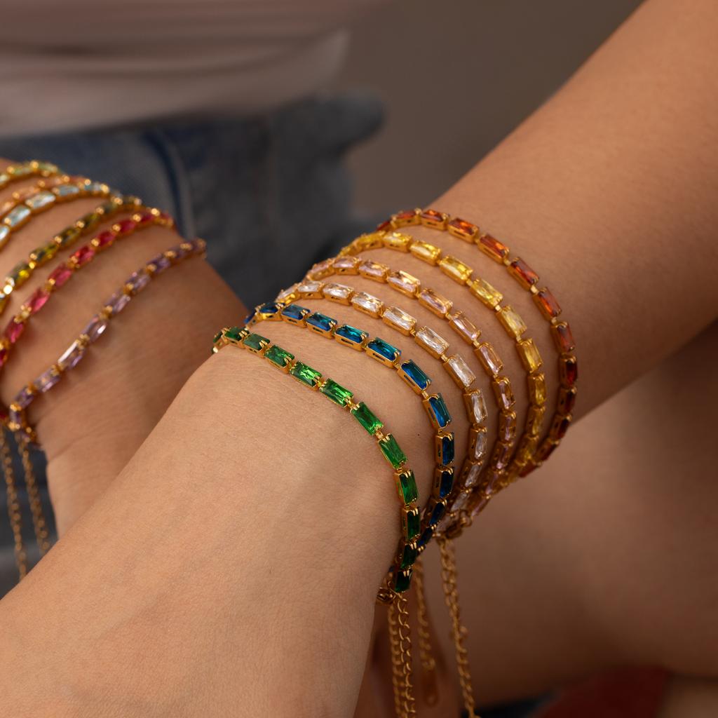 Luxus Baguette Geburtsstein Zirkonia Armband für Damen 18 Karat Vergoldeter Edelstahl Tennisarmbänder Wasserdichter Schmuck