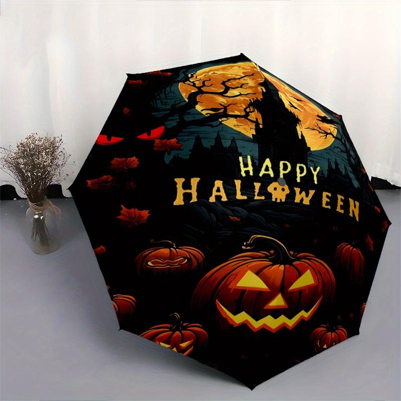 1pc Horror Theme Happy Halloween Pattern Automatic 3-Fold Umbrella, 8 Steel Frames, High-Value Folding Umbrella, Suitable for Office, Travel and