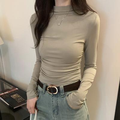Half Turtleneck Pleated Design Waist Slimming Slimming Bottoming Shirt for Women Autumn and Winter New Solid Color Long-sleeved T-shirt Top